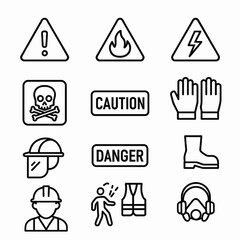 A collection of safety signs and personal protective equipment icons, perfect for illustrating workplace hazards and safety regulations in various industrial settings.
