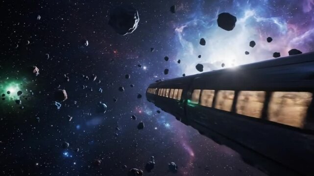 Train Travels Through Deep Space Past Glowing Nebulas and Asteroid Fields as Surreal Visual Metaphor for Cosmic Journey