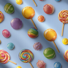 Colorful lollipops and candies, photorealistic glossy surfaces, bright children's wrapping paper