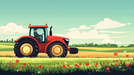 Obraz premium A red tractor on a summer landscape