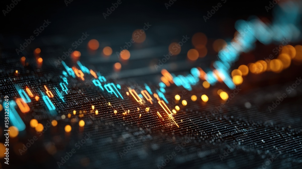 Poster an abstract representation of data trends featuring bright lines and glowing points on a dark backgr