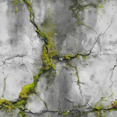 Concrete wall texture, cracks, growing moss, seamless urban devastation