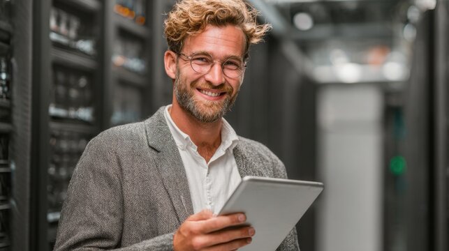 A man with curly hair and glasses is smiling while holding a tablet in a contemporary data center. He is dressed in a blazer and a collared shirt, highlighting the tech-savvy environment.