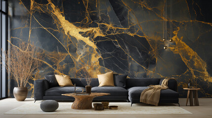 High-resolution close-up of luxury marble with dark orange, red, jet black tones, and golden veins. Ideal for elegant backgrounds, interior design, and upscale decorative surfaces , ai