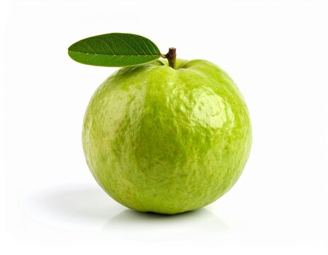 A single ripe green guava with a leaf attached to its stem, cleanly isolated on white