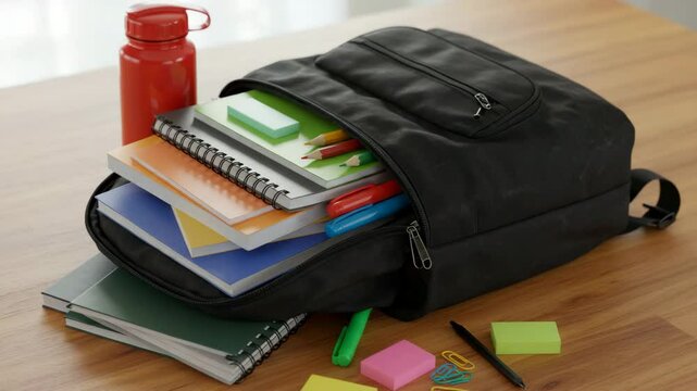 School backpack unzipped with notebooks and supplies spilling out  
