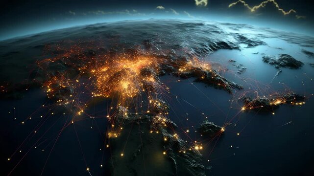  A cinematic depiction of the Central America map illustrating the expansive reach of an optical fiber network, rendered in hyper-detailed Unreal Engine aesthetics with exquisite color gra 4K