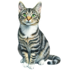 Fototapeta premium Adorable Tabby Cat: A charming tabby cat with striking green eyes sits regally, its striped fur pattern and attentive gaze exuding a sense of elegance and curiosity.
