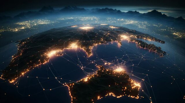  A cinematic depiction of the Central America map illustrating the expansive reach of an optical fiber network, rendered in hyper-detailed Unreal Engine aesthetics with exquisite color gra 4K