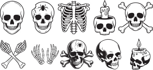 Fototapeta premium Set of detailed black and white skulls with different variations for tattoo designs
