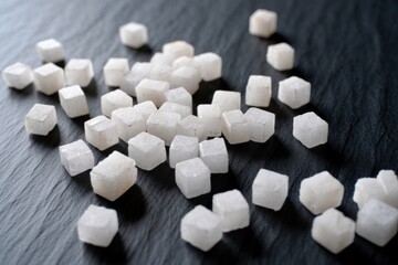 Scattered White Sugar Cubes on Dark Slate Background