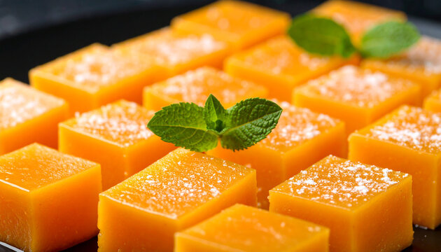 Orange dessert squares with mint garnish. Tasty sweet food.