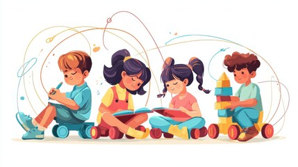 Pre-school children abstract concept vector illustration set. Early education, social-emotional development, dads contribution to childrens education, toddler creative skill, abstract metaphor., no l