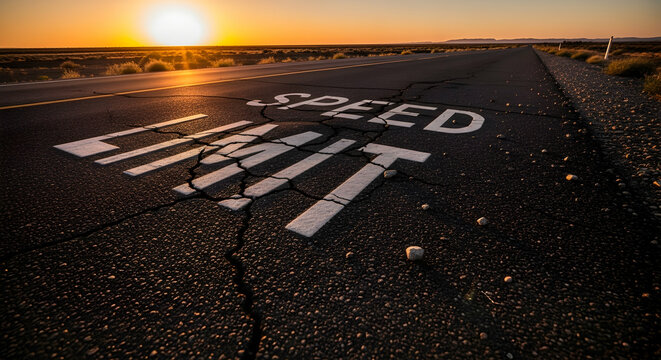 Dramatic desert highway speed limit sign at sunset offers a cautionary tale of road safety