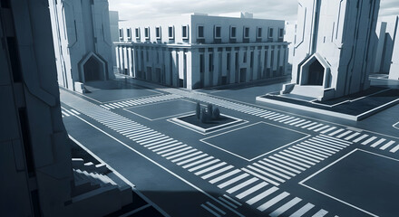 Futuristic Cityscape with Abstract Architecture and Crosswalks Depicting Urban Design