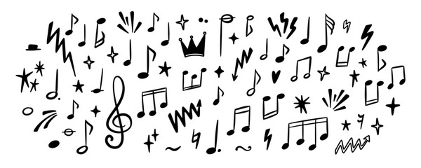 Musical hand drawn background. Music notes line doodle set. Whimsical playful crayon scribbles.  Punk rock handwriting graphic grunge design. Graffiti drawing. Classic melody, piano concert poster © Kseniia