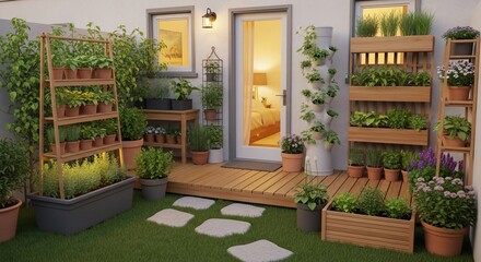 Serene Urban Garden Oasis: Lush Plants, Wooden Structures, and Tranquil Ambiance