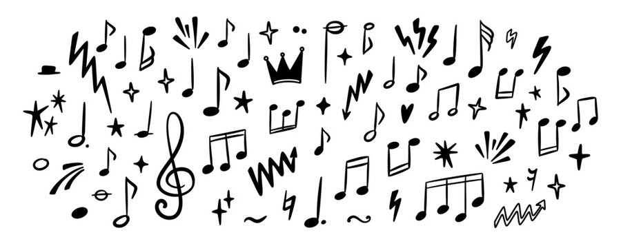 Musical hand drawn background. Music notes line doodle set. Whimsical playful crayon scribbles.  Punk rock handwriting graphic grunge design. Graffiti drawing. Classic melody, piano concert poster