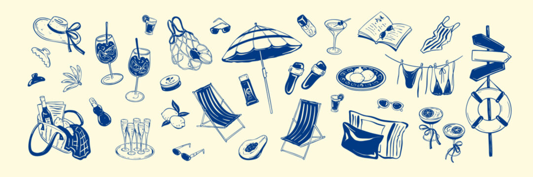 Summer beach hand drawn doodle design elements set. Italian, Greek, Spanish, Positano, Amalfy, Capri, mediterranean holidays and vacations. Coastal whimsical girly background. Bachelorette party
