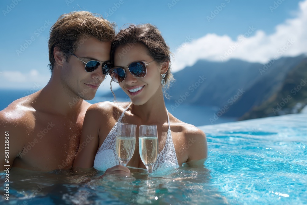 Poster couple enjoys sparkling drinks while relaxing in a beautiful infinity pool with mountain views