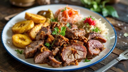 A plate of Grillot, a popular Haitian dish consisting of marinated pieces of roast pork served with a side dish of fried bananas, a portion of piclise (spicy pickled vegetables) and rice.