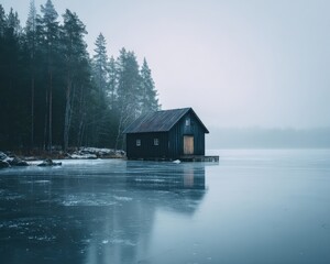 Fototapeta premium Dark cabin on a frozen lake, shrouded in mist. Serene winter scene.