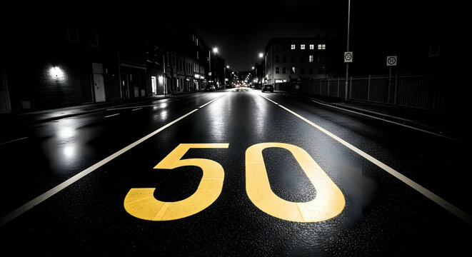 Dramatic nocturnal view of an empty city road with prominent speed limit marking for safety driving