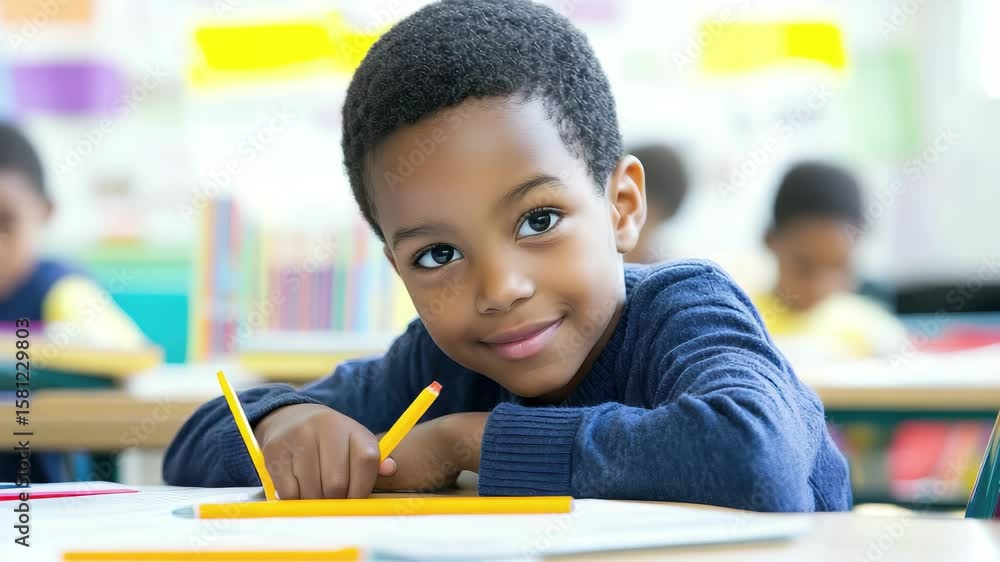 Poster smiling boy engaged in creative activity at classroom table during school hours in colorful learning