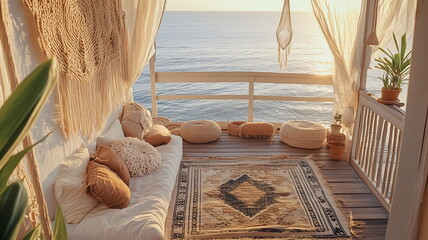 Boho Balcony Overlooking Ocean at Sunset – Cosy Coastal Vibes