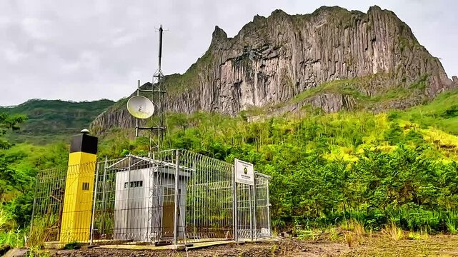 Volcanic monitoring equipment in the crater of Mount Kelud with a green mountain background.
