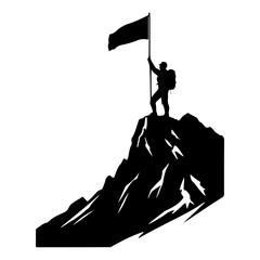 Mountain Climber with Flag on Peak Silhouette Vector