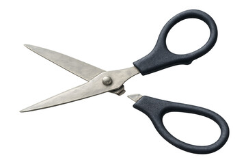Open scissors with black handles isolated on transparent background