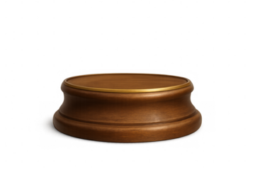Round wooden podium with gold border on transparent background