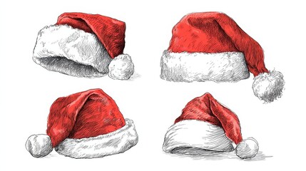 Santa hats sketch set isolated on white background. Vector illustration, no logos, no brands