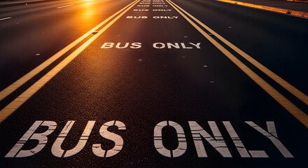 Dramatic perspective of a bus only lane on a city street at dusk with street lights