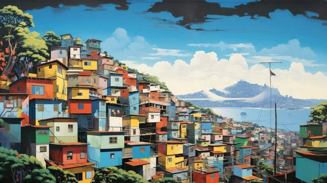 A depiction of a vibrant Rio Favela cityscape, illustrating a colorful tapestry of urban dwellings and humble abodes stacked along hillsides Captured through artistic expressions like dr 4K.