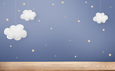 background of wooden table, hanging clouds and stars on wall. baby sleep background