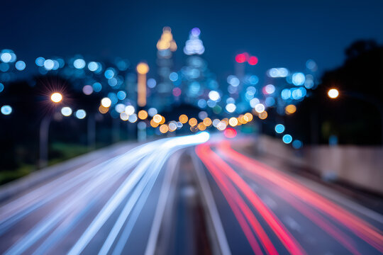 Night cityscape highway with blurred light trails and bokeh city background
