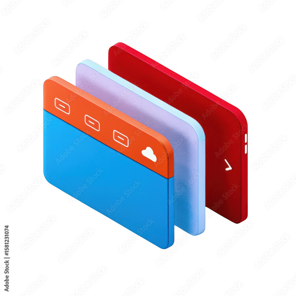 Poster three stacked colorful minimalist ui elements with icons isolated on transparent background