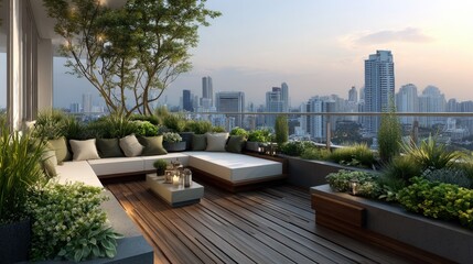 Obraz premium Relaxing rooftop patio with city views. Lush greenery complements the modern furniture.