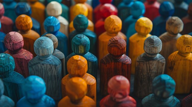 A colorful crowd of wooden figures represents diversity and unity