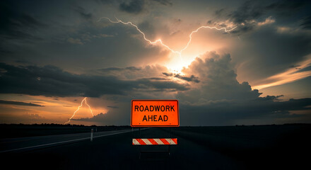 Dramatic roadwork ahead sign during a thunderstorm creating a powerful scene of nature and caution