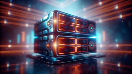 Brilliant Dual-Layered Server Unit with Glowing Blue and Orange Accents in High-Tech Digital Space for Superior Data Management Cloud Computing Capabilities