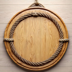 round wooden sign board hang on wall with rope, wood blank pane 