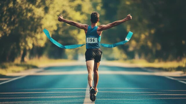 Runner crosses finish line with arms raised in celebration during a marathon event on a sunny day