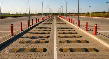 Endless Outdoor Parking Area Design Featuring Speed Bumps and Security Bollards