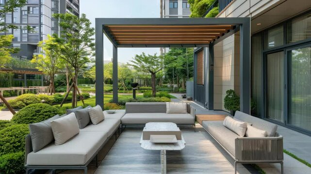 Outdoor patio furniture under pergola