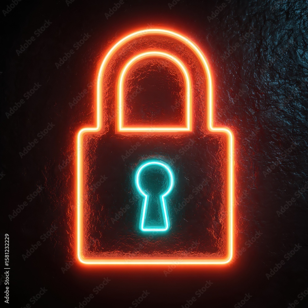 Aufkleber neon lock symbol on a dark background representing cybersecurity and protection 3d rendering