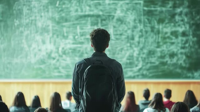 Students engage in a classroom session with a teacher presenting at the chalkboard during the day