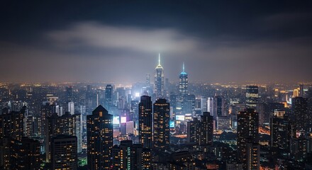 Obraz premium Shanghai's Dazzling Skyline: Skyscrapers Illuminated Under a Misty Night Sky